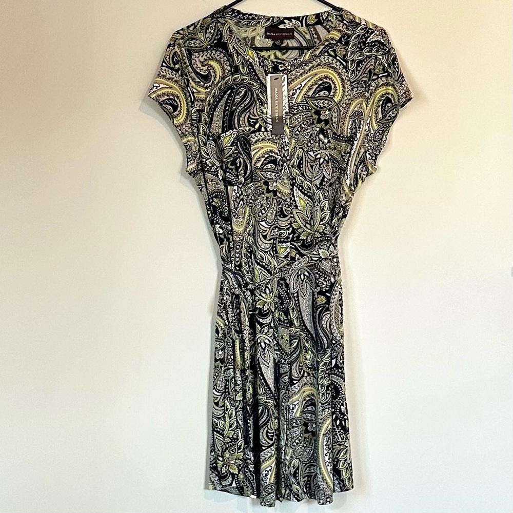 NWT Dana Buchman Black and Yellow Paisley Mini Dress - Size: Extra Large
